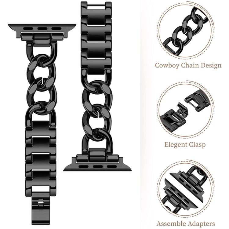 Black metal watch band with chain links, segmented links, clasp, and adapters