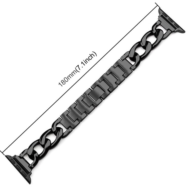 Black metal Apple Watch band with chain accents, shown at 180 mm length