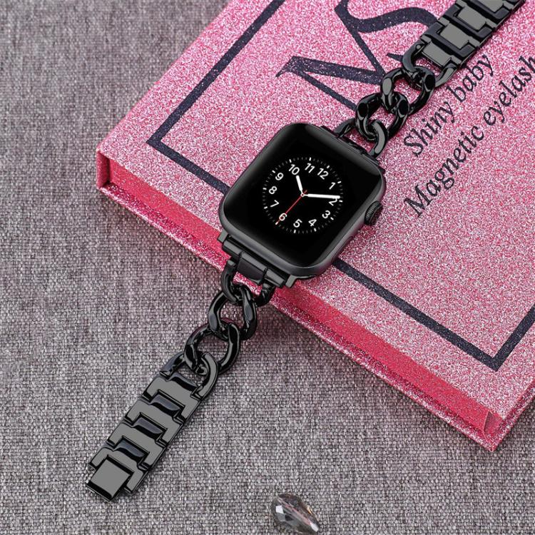 Black chain-link metal band attached to an Apple Watch