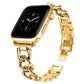 Gold metal Apple Watch band with linked chain accents and a folding clasp