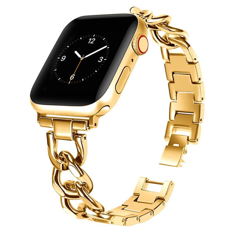 Gold metal Apple Watch band with linked chain accents and a folding clasp