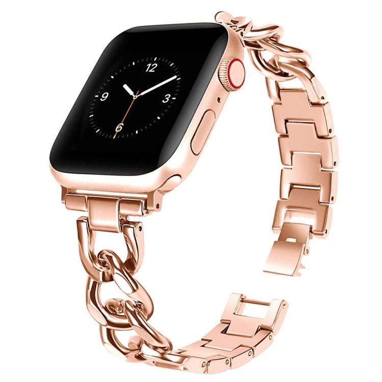 Rose gold metal Apple Watch band with linked chain accents and a folding clasp