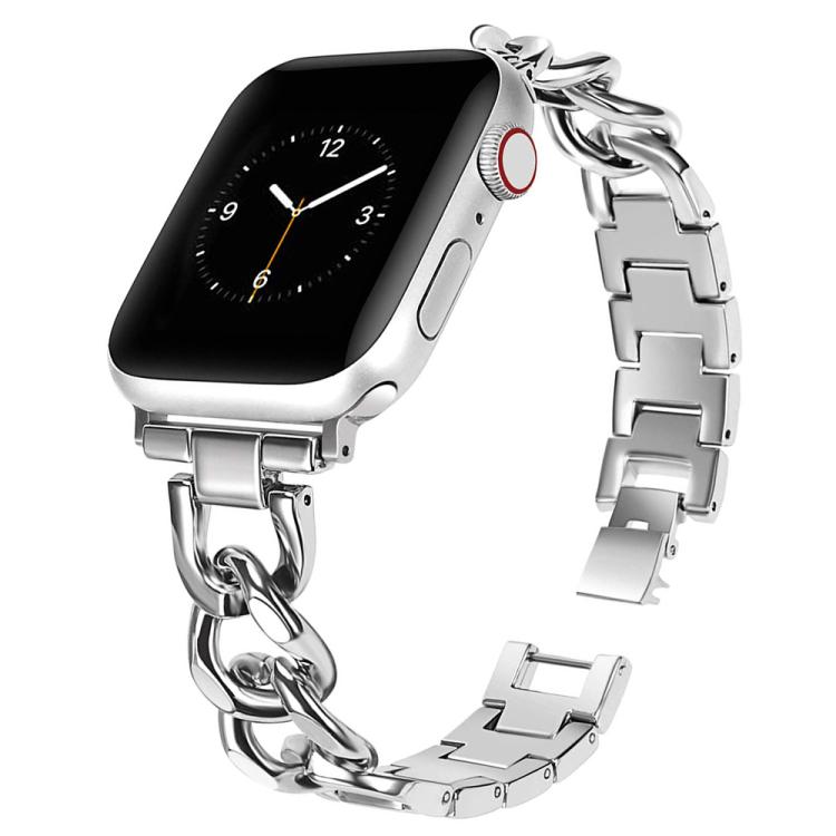 Silver metal smartwatch band with linked double-circle accents, shown attached to a watch.