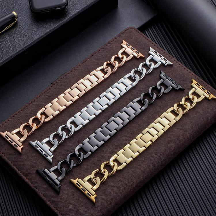 Four metal smartwatch bands in rose gold, silver, black, and gold, displayed side by side.