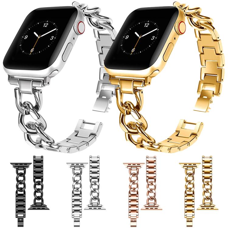 Metal smartwatch bands in silver, gold, rose gold, and black, shown attached to watches and separately.