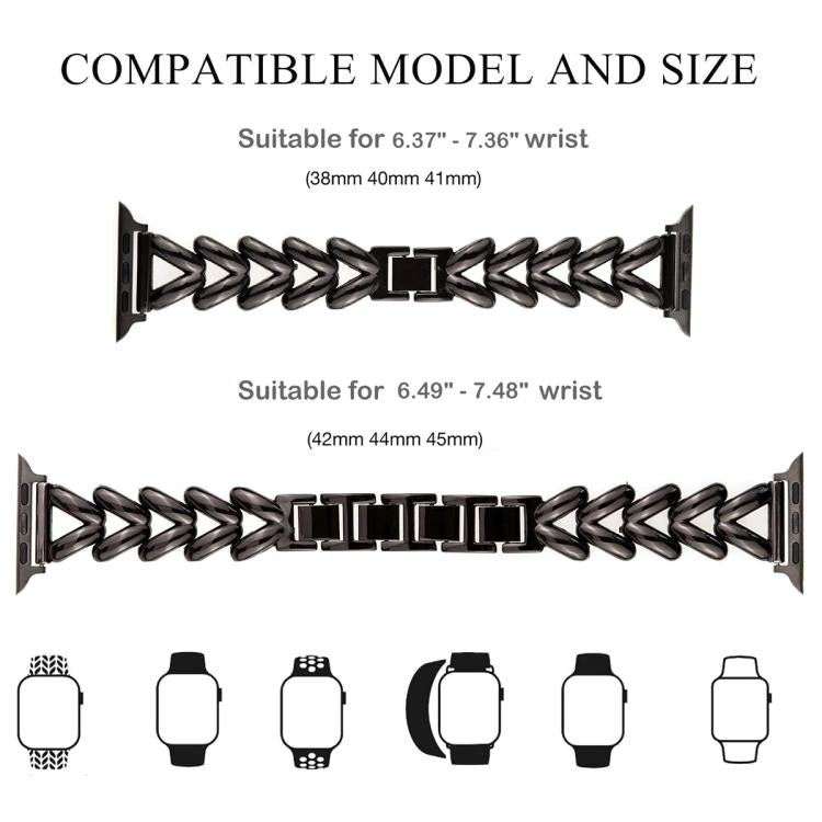 xDfind black metal watch band shown in two sizes with wrist and watch compatibility guide