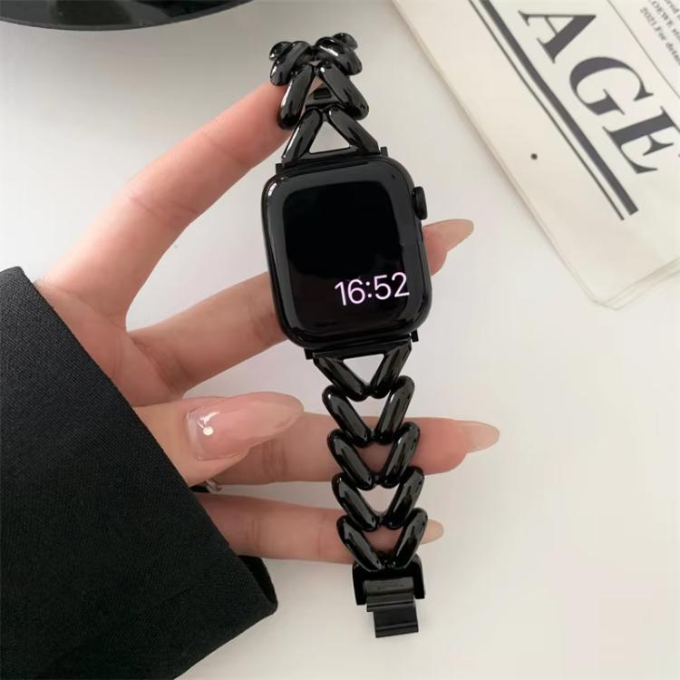 xDfind black V-shaped metal watch band attached to a smartwatch
