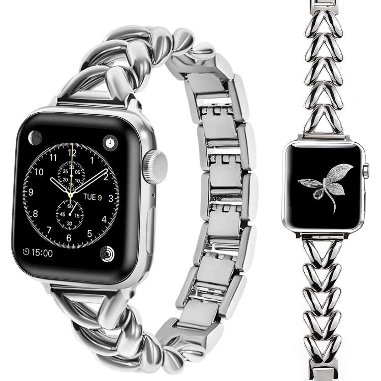 xDfind silver V-shaped metal watch band shown with compatible watch cases