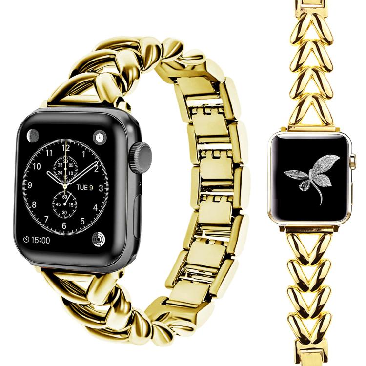 Gold V-shaped metal Apple Watch band shown attached to a watch and as a loose band.