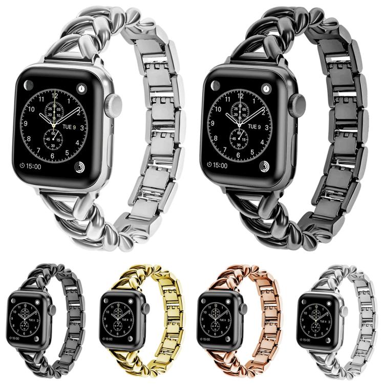 V-shaped metal Apple Watch bands in silver, black, gold, and rose gold.