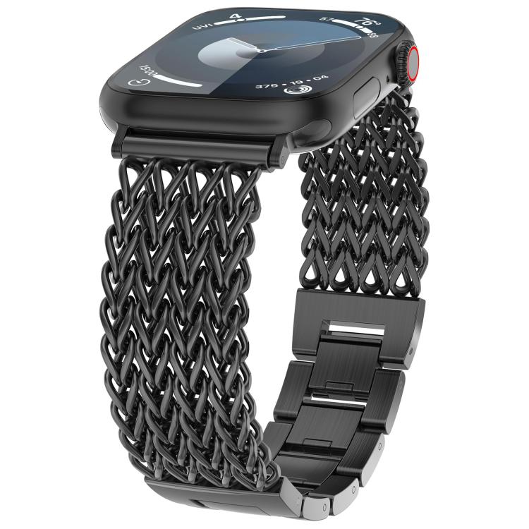 Black stainless steel herringbone braided Apple Watch band with folding clasp