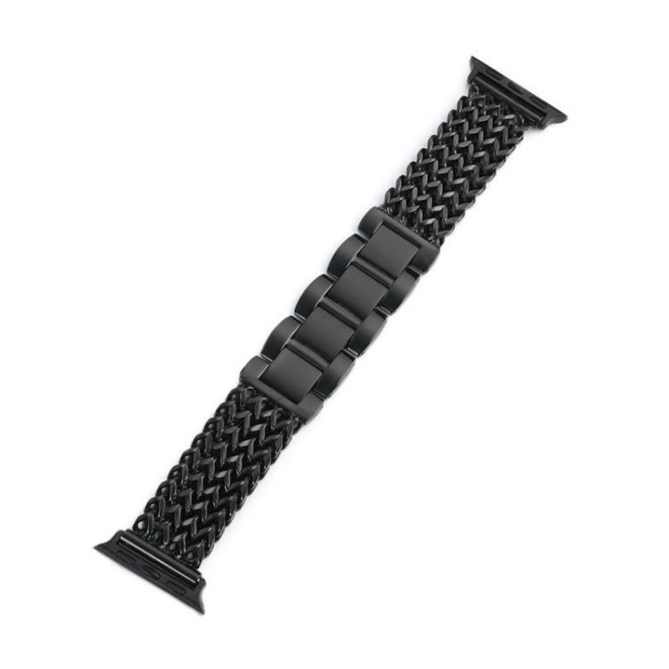 Black herringbone braided stainless steel watch band with central links