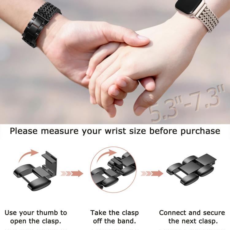 Black and silver braided watch bands shown on wrists with clasp adjustment steps