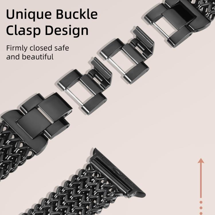 Black braided watch band with a folding clasp shown in separated parts