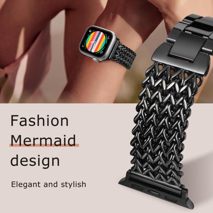 Black braided stainless steel Apple Watch band with wide woven links