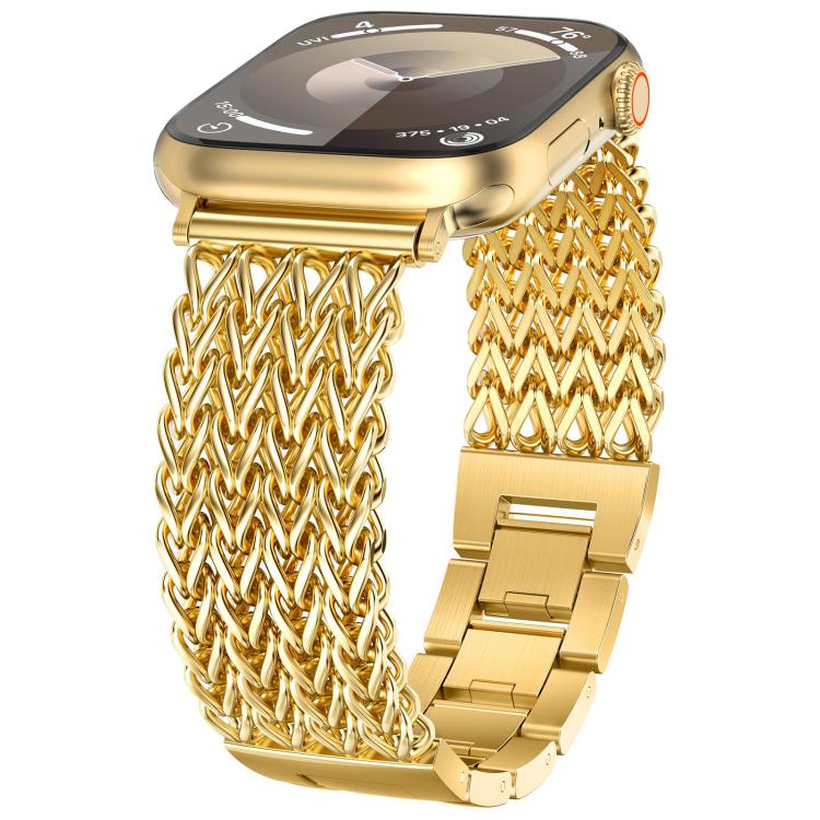 Gold herringbone braided stainless steel Apple Watch band with folding clasp