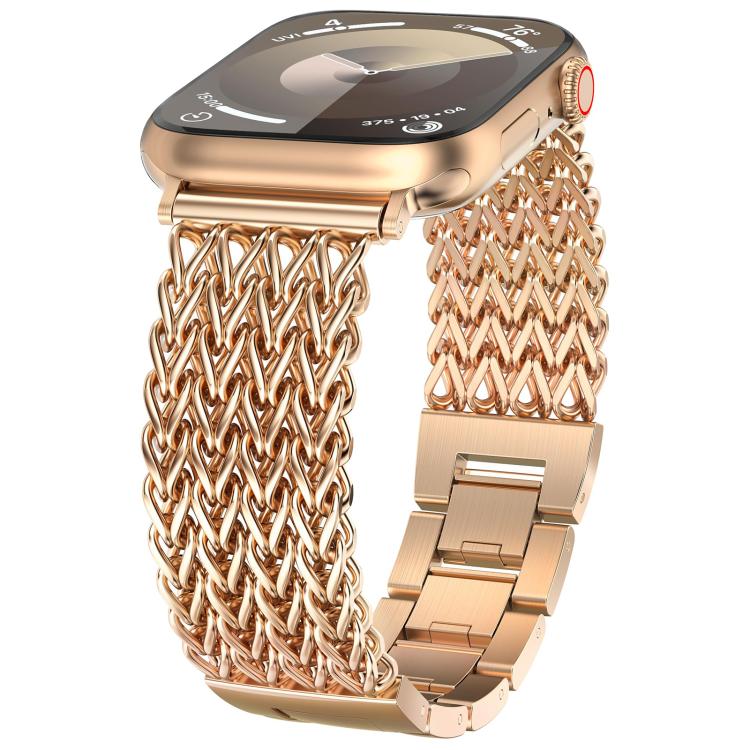 Rose gold stainless steel watch band with braided herringbone mesh and folding clasp, shown on a watch.