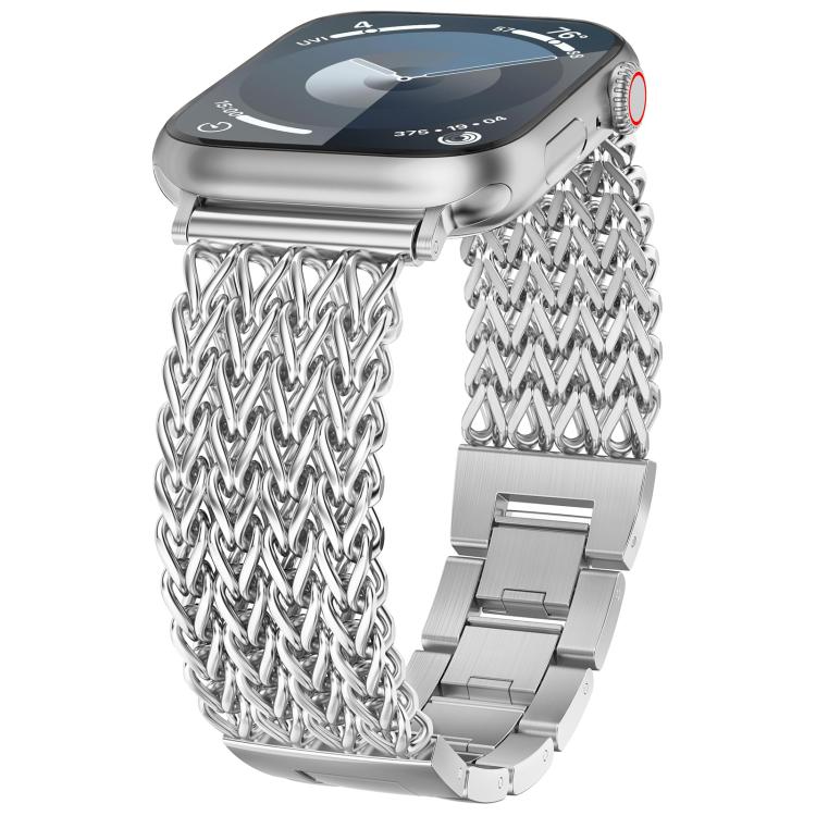 Silver braided stainless steel watch band with a linked folding clasp, shown on a watch.