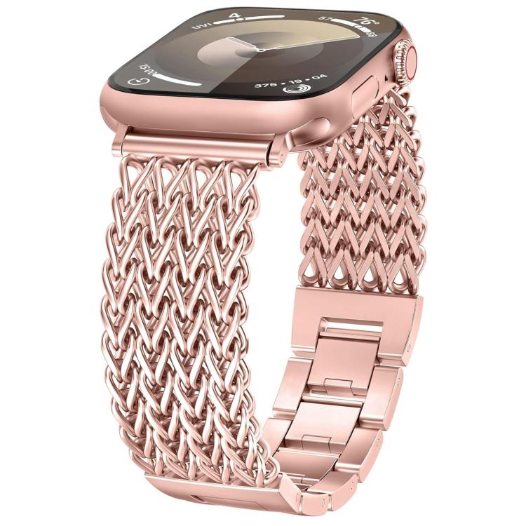 Rose pink stainless steel watch band with braided herringbone mesh and folding clasp.