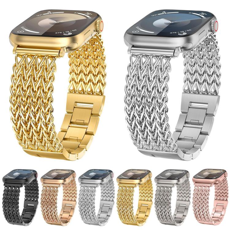 Stainless steel braided watch bands in six colors, shown fitted on watches.