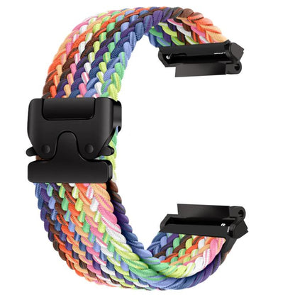 Rainbow braided watch band with a black snap buckle and watch connectors