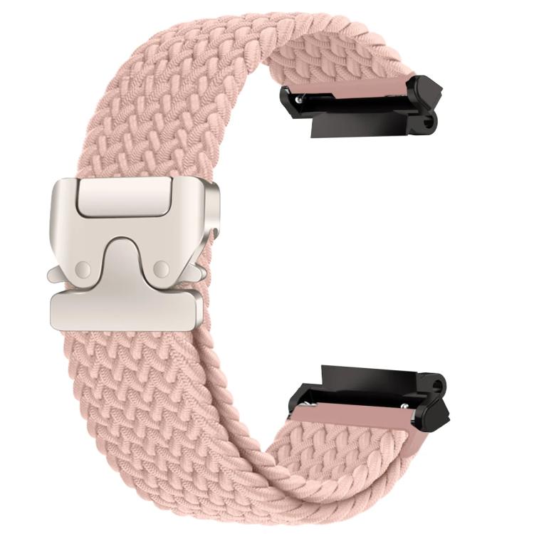 Pink braided watch band with a silver-tone snap buckle and black connectors