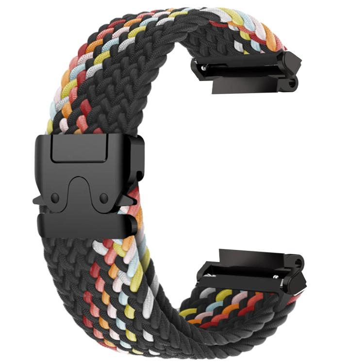 Braided watch band with black buckle and multicolor accents