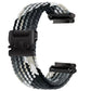 Braided watch band in black, gray, and white with a black buckle