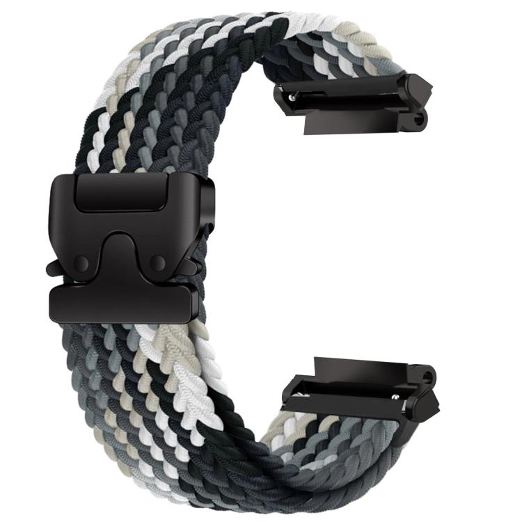 Braided watch band in black, gray, and white with a black buckle