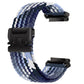 Braided watch band in blue, navy, and white with a black buckle
