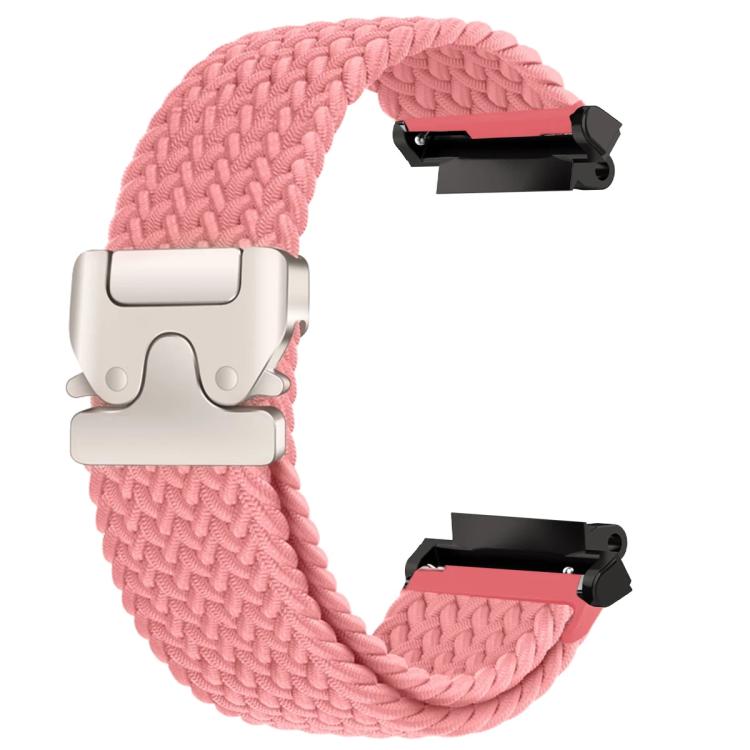 Pink braided watch band with light-colored snap buckle