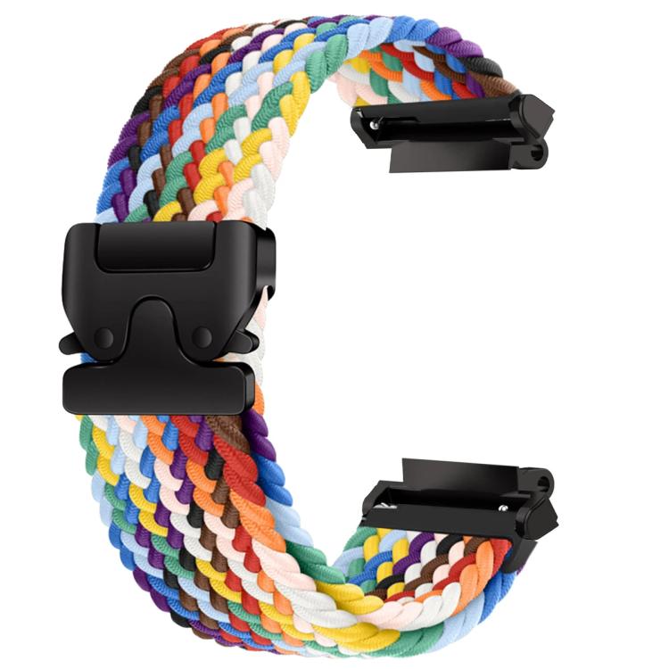 Braided watch band with snap buckle in bright rainbow colors