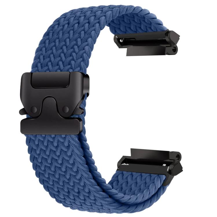 Navy braided watch band with a black snap buckle