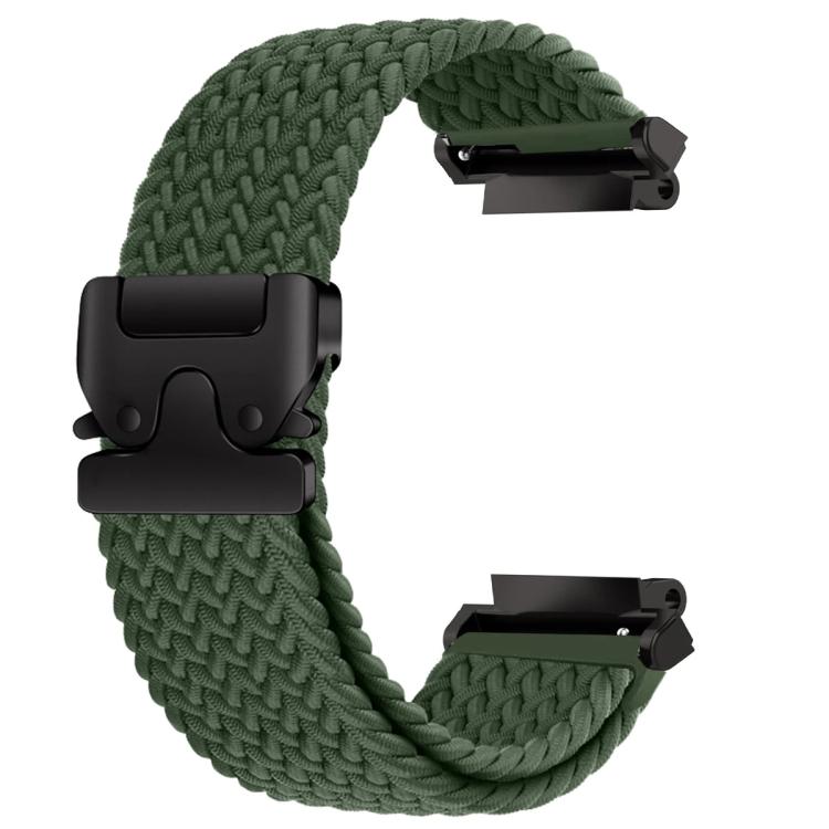 Dark green braided watch band with a black snap buckle and connectors