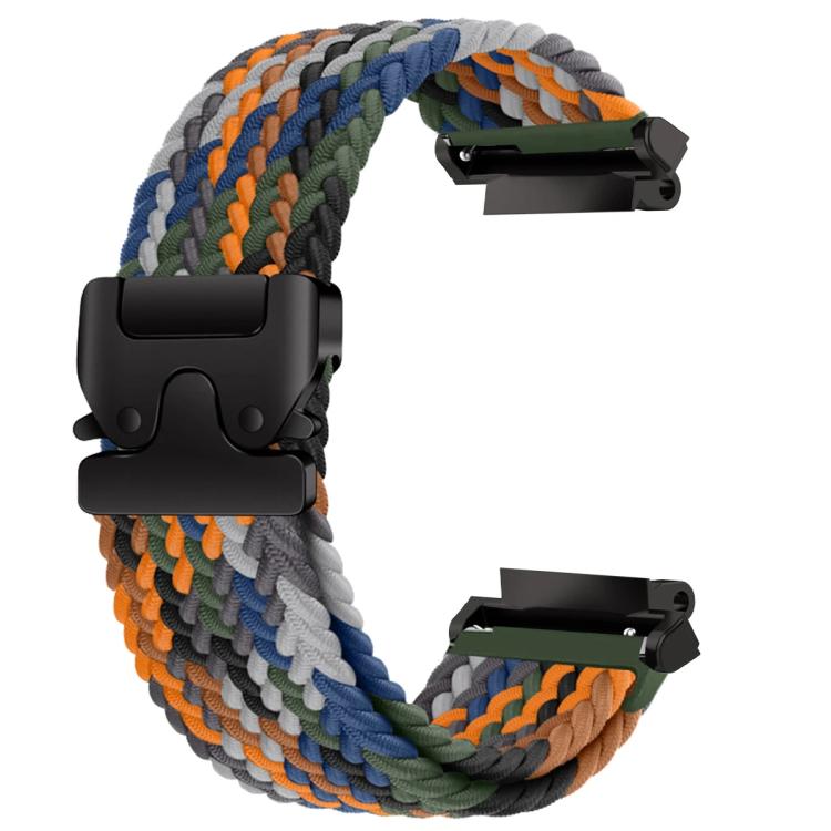 Gray, blue, green, and orange braided watch band with a black snap buckle