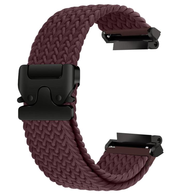 Dark burgundy braided watch band with a black snap buckle and connectors