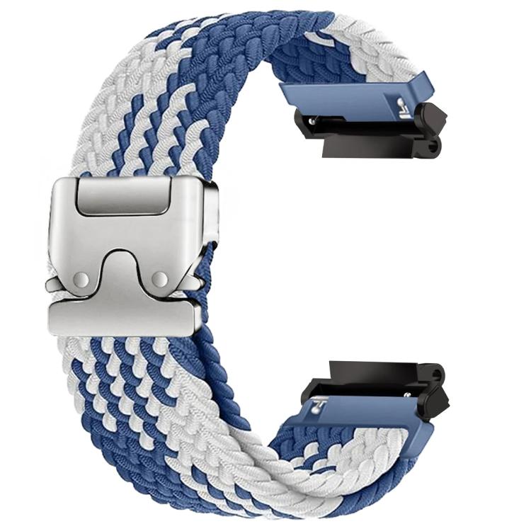 Blue and white braided watch band with a silver snap buckle