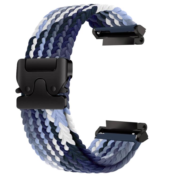 Pale blue, navy, and white braided watch band with a black snap buckle
