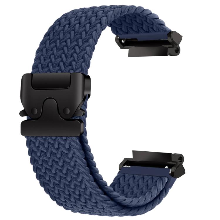 Braided watch band in dark blue with black snap buckle and watch connectors