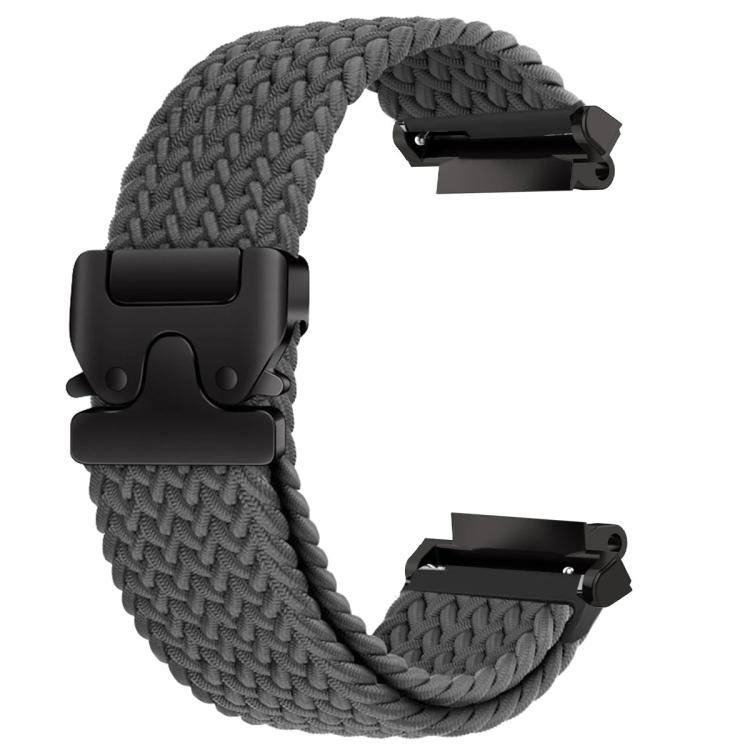 Gray braided watch band with black snap buckle and watch connectors