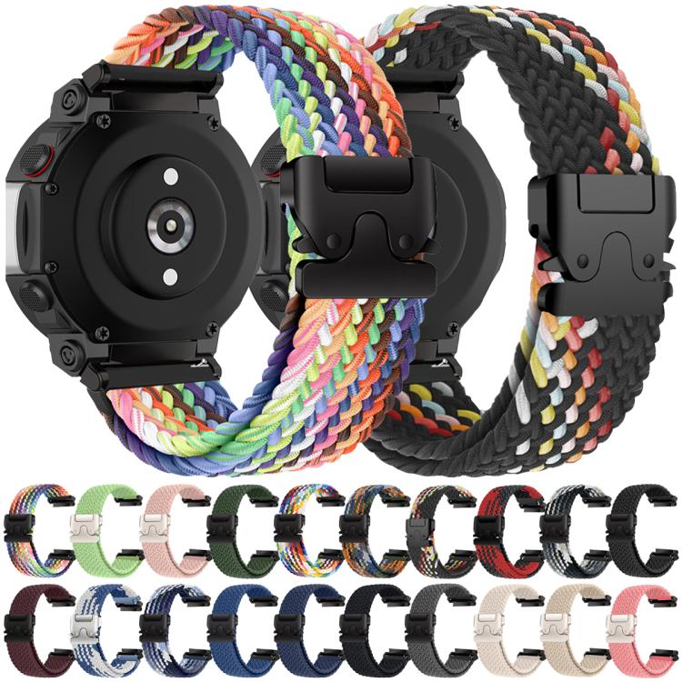 Braided watch bands in multicolor and black rainbow patterns shown on a watch