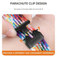 Multicolor braided watch band with a black snap buckle shown fastened around a wrist
