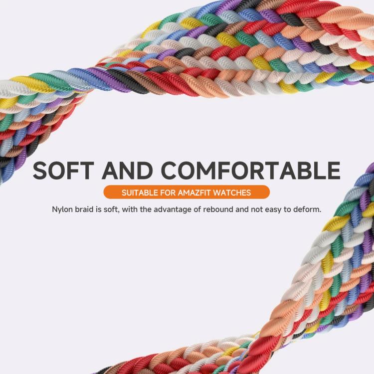 Braided watch band with a close-up of its multicolor woven nylon texture