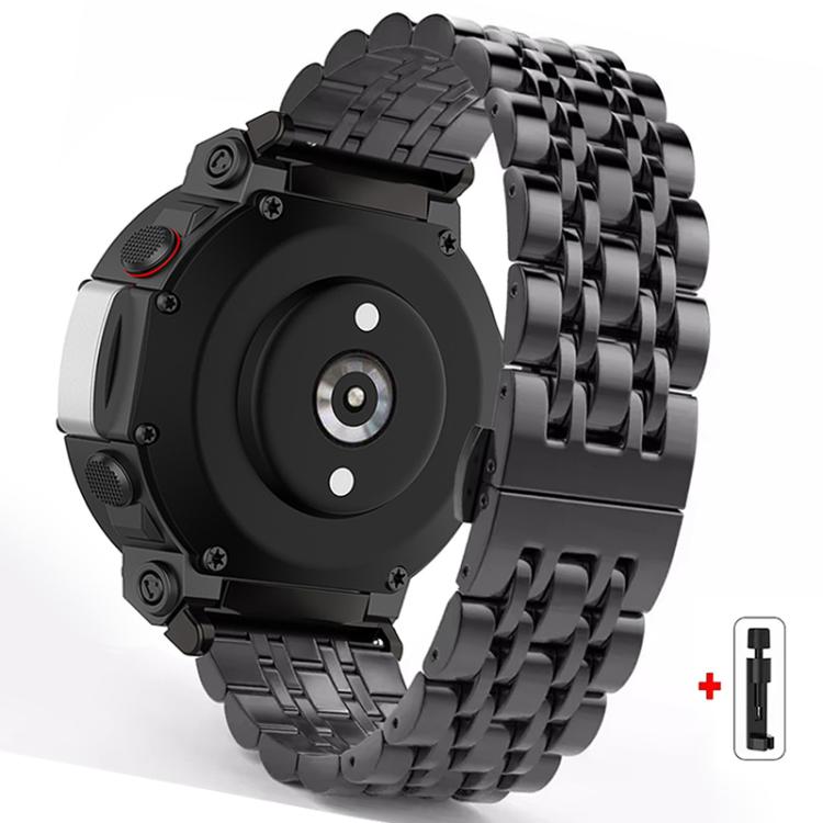 Black stainless steel watch band with multi-row links, shown on a watch from the back