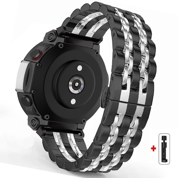 Black and silver stainless steel watch band with multi-row links, shown on a watch from the back