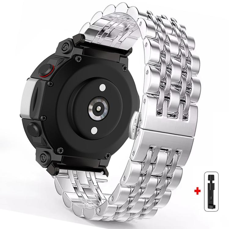 Silver stainless steel watch band with seven-bead links and butterfly clasp