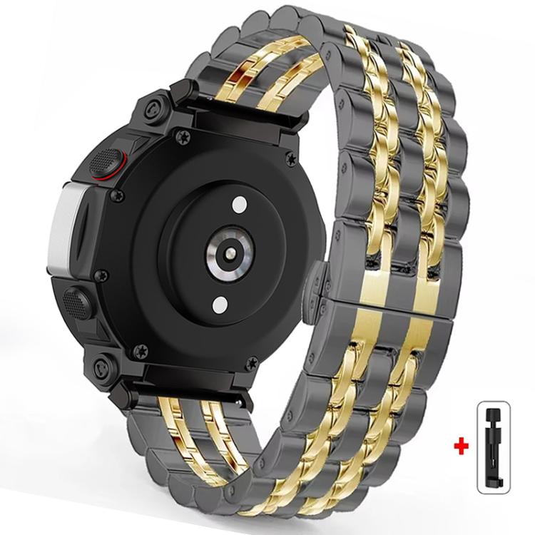 Black and gold stainless steel watch band with seven-bead links