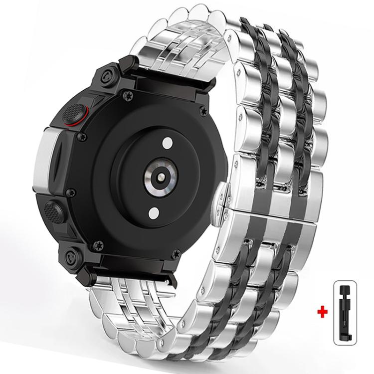 Silver stainless steel seven-bead watch band with butterfly clasp, shown on a black smartwatch