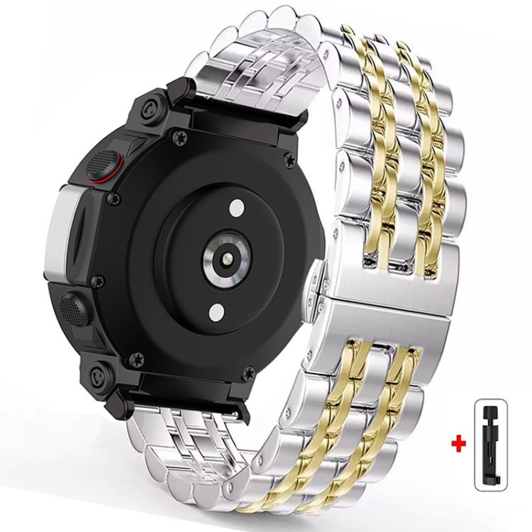 Silver and gold stainless steel watch band with butterfly clasp and compatible watch