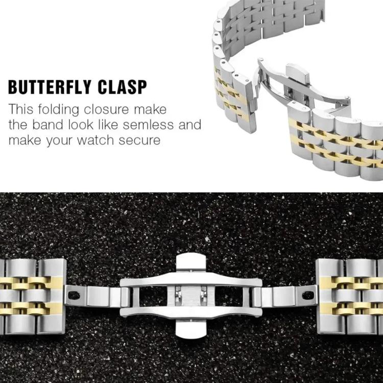 Silver and gold stainless steel watch band with open butterfly clasp